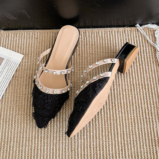Damen elegante Mules mit schimmerndem Riemen und Fransen EB