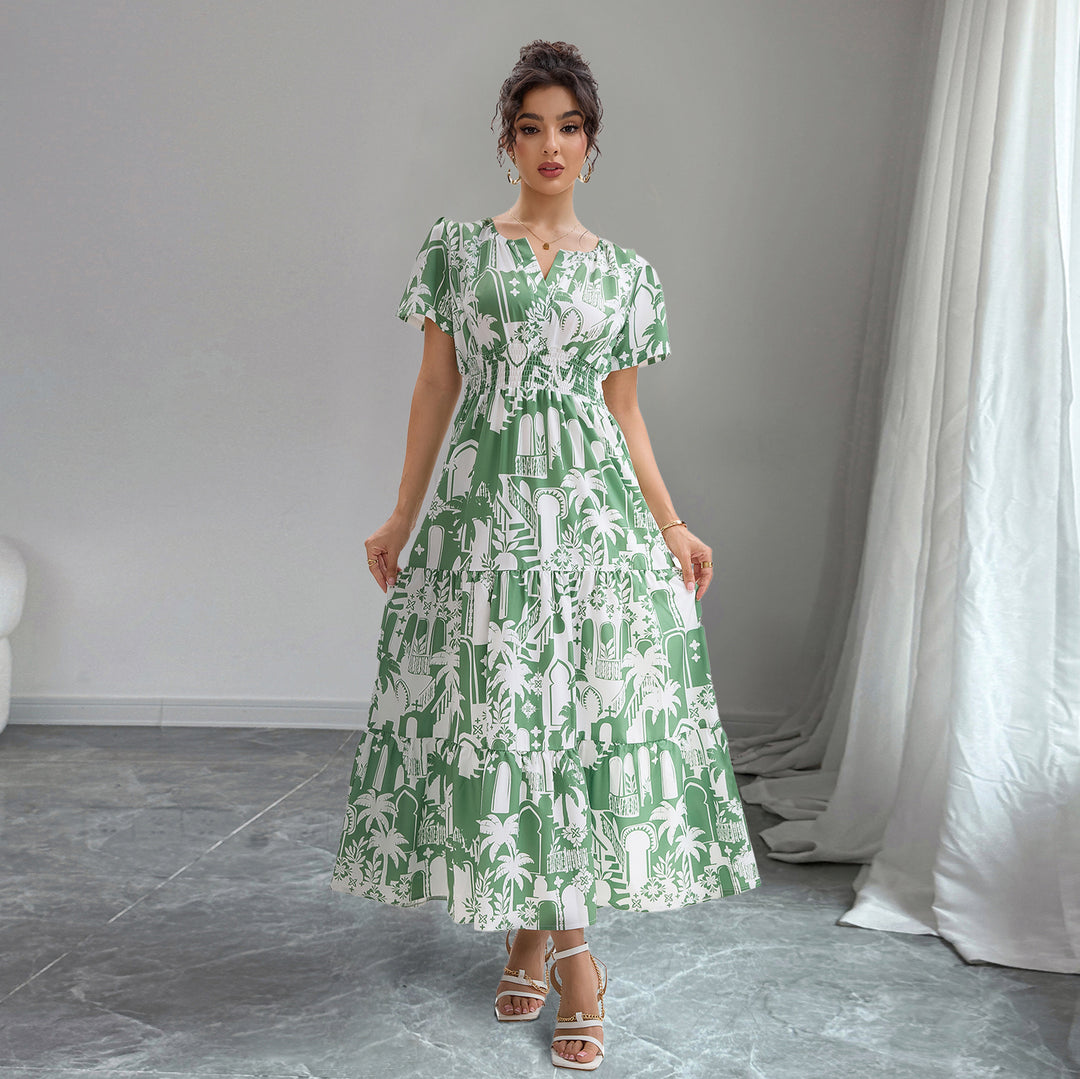 Damen Maxikleid mit tropischem Print und Rüschendetails EB