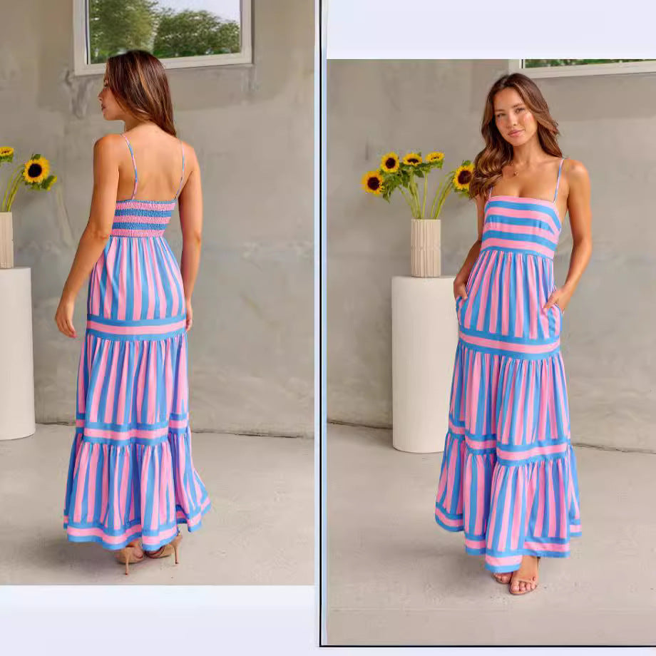 Damen Maxikleid mit schmalen Trägern und gestreiftem Design EB