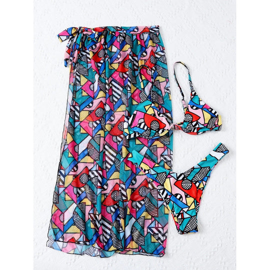 Damen Bikini-Set mit modischem Wickelrock und buntem Grafikdruck EB