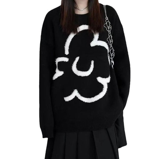 Damen lässiger Strickpullover mit floralem Motiv EB
