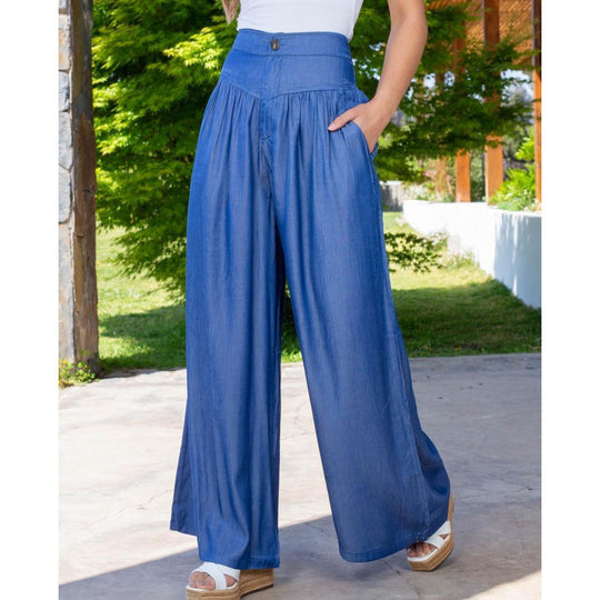 Damen Weit geschnittene Leinenhose mit Hohem Bund und praktischen Taschen EB