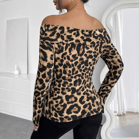 Damen Off-Shoulder Bodysuit mit modischem Leopardenprint und langen Ärmeln EB