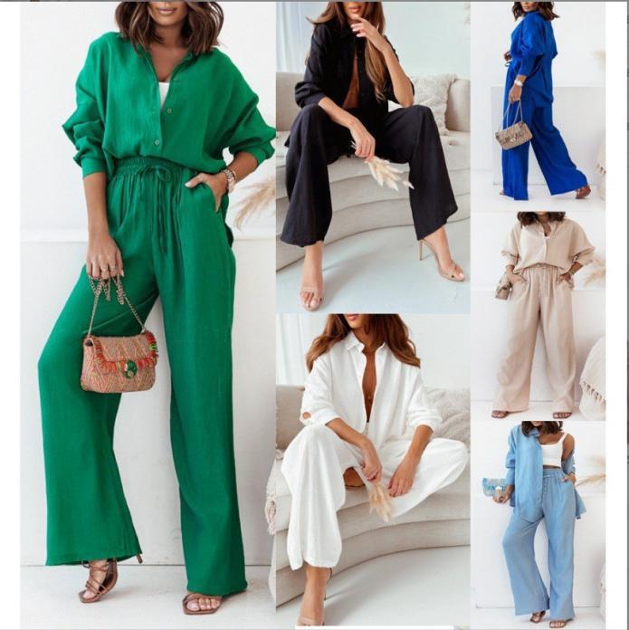 Damen nan lockeres zweiteiliges Lounge-Set mit Oversize-Hemd und elastischer Bundhose EB