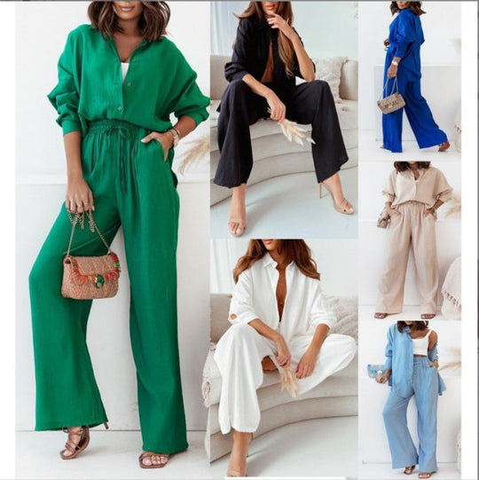 Damen nan lockeres zweiteiliges Lounge-Set mit Oversize-Hemd und elastischer Bundhose EB