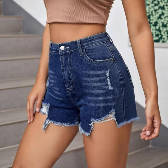 Damen lässige Destroyed Jeansshorts mit hohem Bund und fransigen Abschlüssen EB