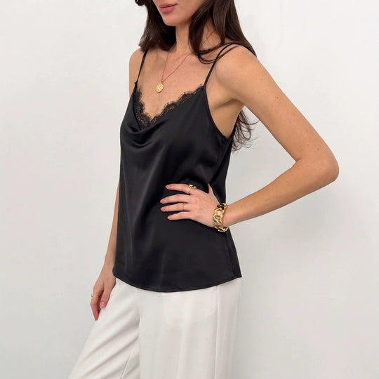 Damen nan leicht fallendes Satin-Spaghettiträger-Top mit Spitzenkante und Wasserfall-Ausschnitt EB