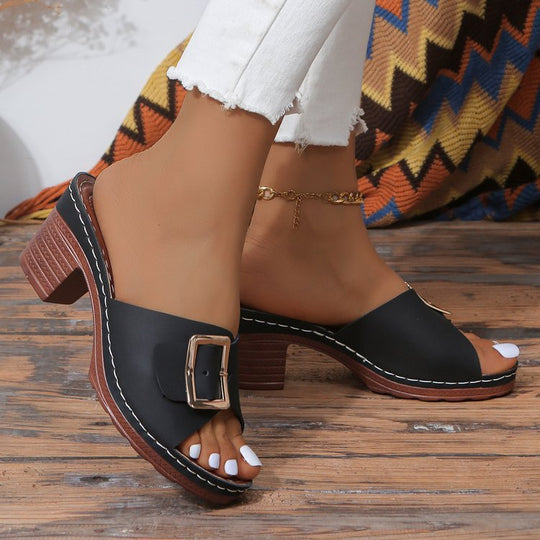 Damen Offene Slip-On Mules mit mittelhohem Blockabsatz und großer Zierschnalle EB