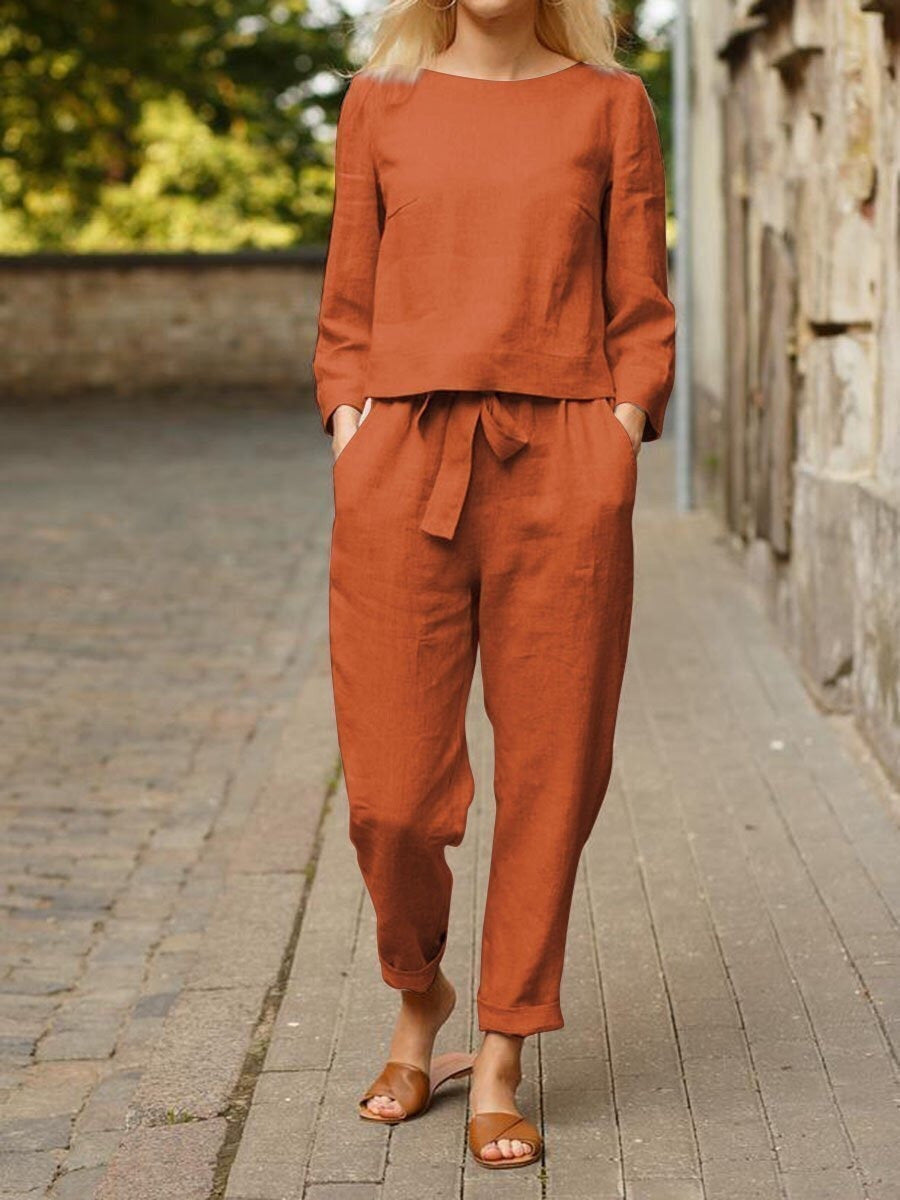 Damen Lässiges Leinen-Loungewear-Set mit Rundhalsausschnitt, Bindegürtel und knöchellanger Hose EB