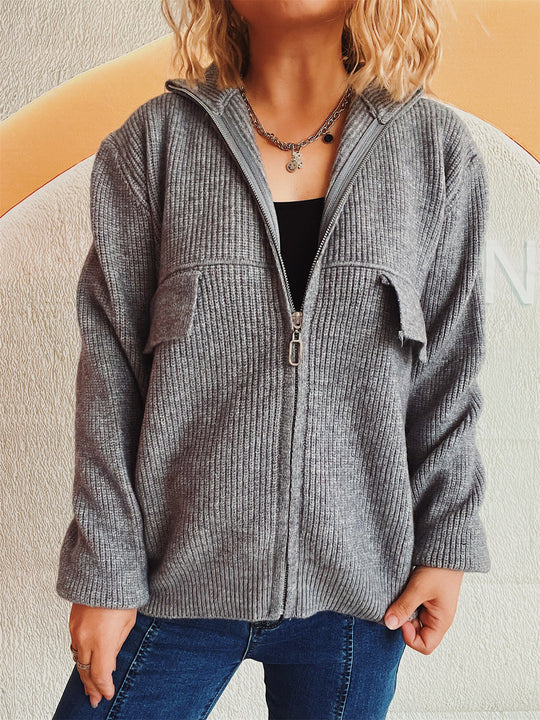Damen lässige Strickjacke mit praktischen Taschen und hohem Kragen EB