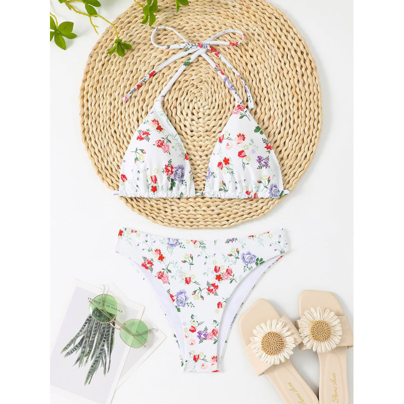 Damen Triangel-Bikini mit floralem Oberteil und Karomuster EB