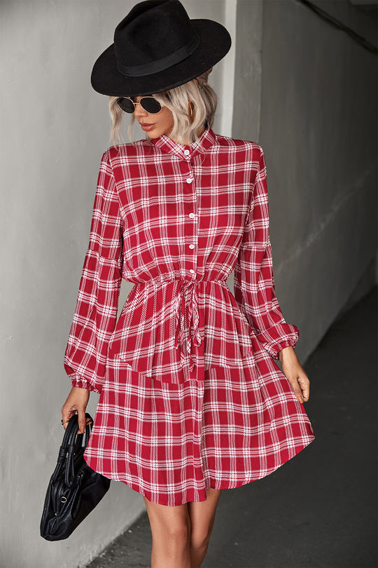 Damen Hemdblusenkleid mit verstellbarem Taillengürtel und kariertem Design EB