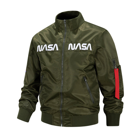 Men's  metallic pilot-style zip-up bomber jacket with embroidered chest panels and angled zip hand pockets EB