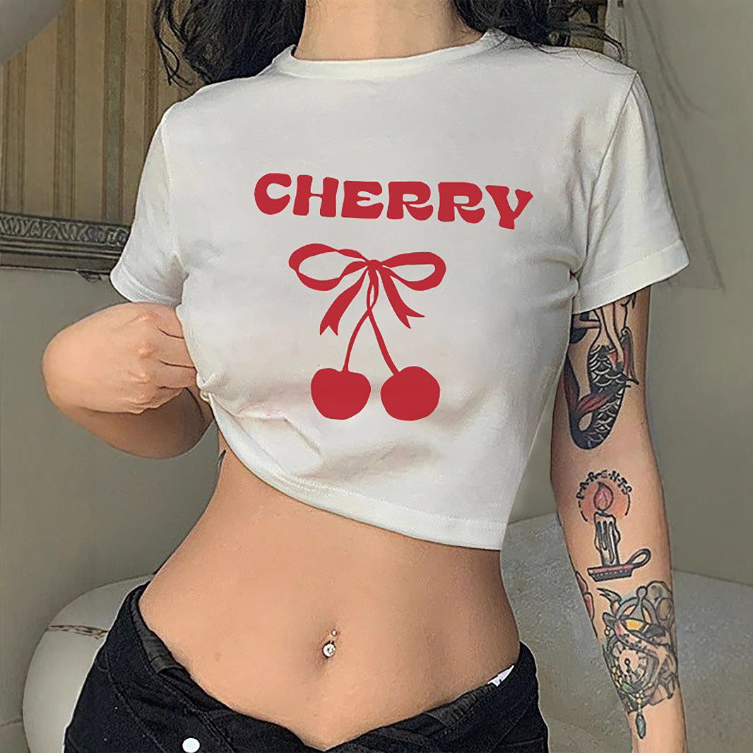 Damen Crop-T-Shirt mit verspieltem Kirschmotiv und elegantem Schleifenprint EB