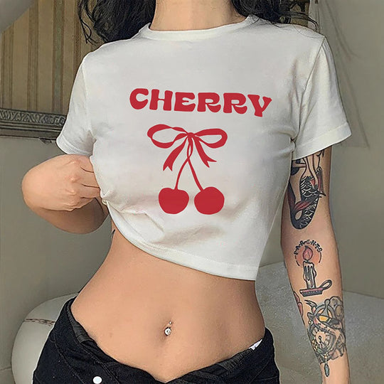 Damen Crop-T-Shirt mit verspieltem Kirschmotiv und elegantem Schleifenprint EB