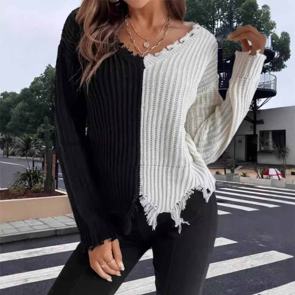 Damen Lässiger Strickpullover mit asymmetrischem Design und Fransen EB