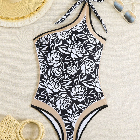 Damen Einteiler Badeanzug mit floralem Design und Halterneck EB