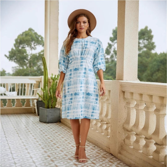Damen Kleid mit schickem Puffärmel und zartem Batikmuster EB