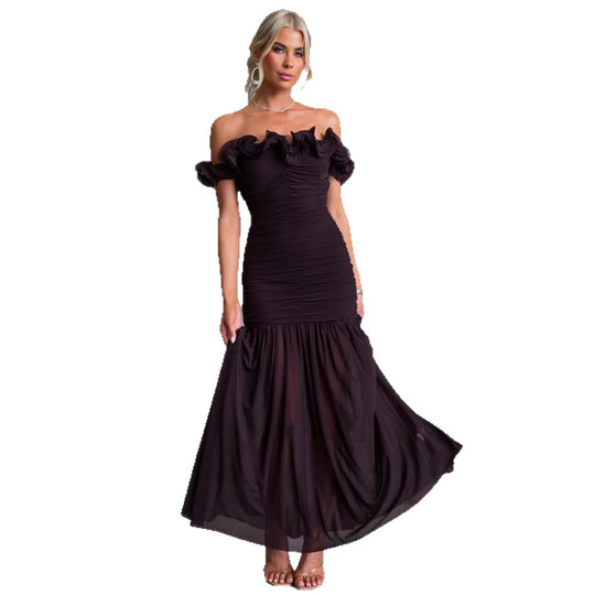 Damen Off-Shoulder Maxikleid mit voluminösen Rüschendetails und elegantem Taillenschnitt EB