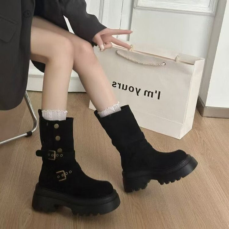 Damen Bequeme und modische Chunky Stiefeletten mit Schnalle und Profilsohle EB