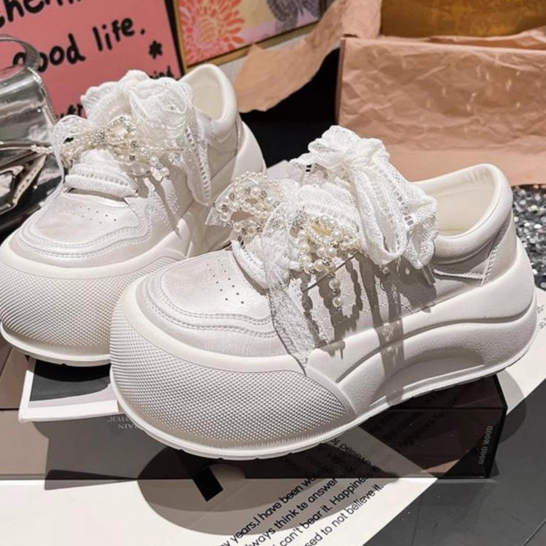 Damen modische Plateau-Sneaker mit dekorativem Schleifendetail und eleganter Schnürung EB