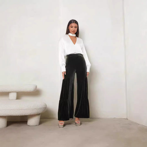 Damen Elegante Samt-Hosen mit Weitem Bein und Hohem Bund EB
