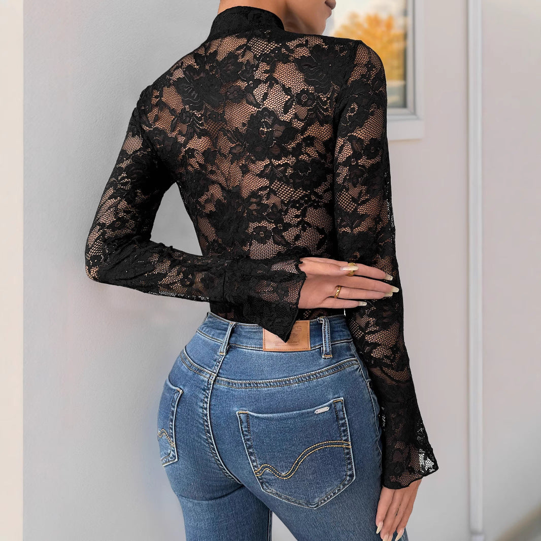 Damen Spitzenbody mit elegantem Stehkragen und langem Ärmel EB