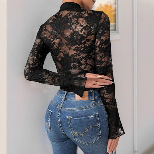 Damen Spitzenbody mit elegantem Stehkragen und langem Ärmel EB