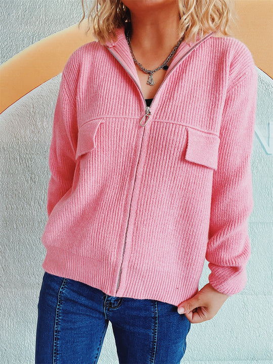 Damen lässige Strickjacke mit praktischen Taschen und hohem Kragen EB
