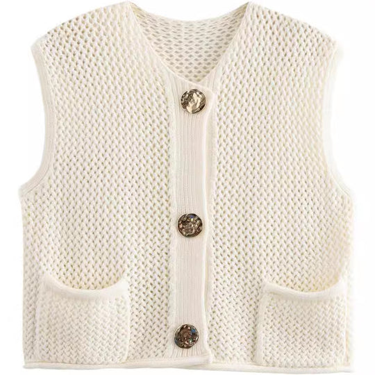 Damen Strickweste mit dekorativen Knöpfen und Taschen EB