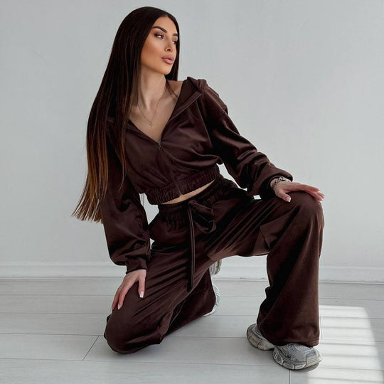 Damen Zweiteiliges Samt-Loungewear-Set mit Cropped-Zipjacke und weiter High-Waist-Sweathose EB