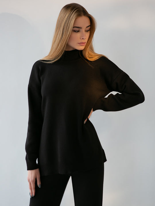 Damen weicher Strickanzug mit hohem Kragen und geradem Schnitt EB