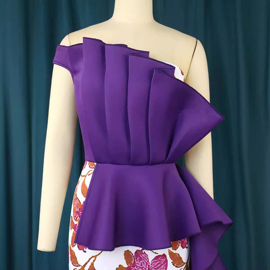 Damen elegantes Kleid mit asymmetrischem Rüschendesign und floralen Mustern EB