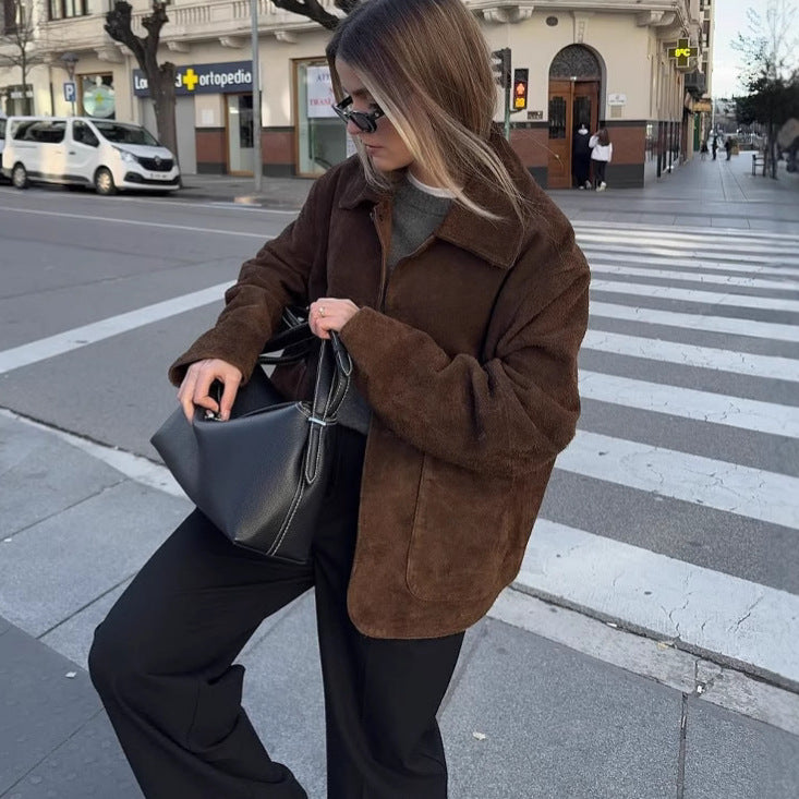 Damen Oversized Teddyjacke mit Knopfverschluss und großen Taschen EB