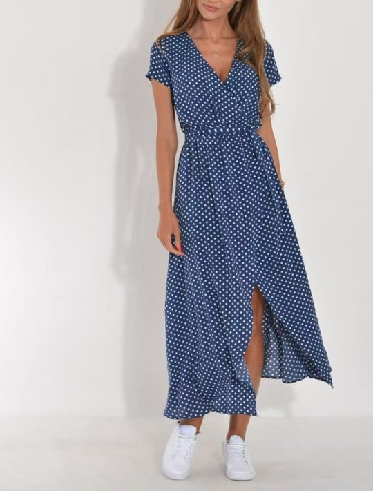Damen Maxikleid mit Polka-Dots und seitlichem Schlitz EB