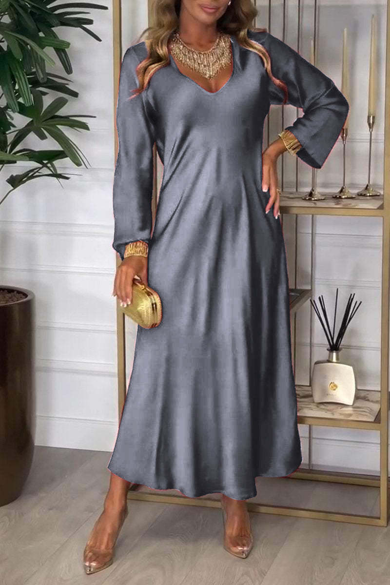 Damen elegantes Maxikleid mit tiefem V-Ausschnitt und fließendem Schnitt EB