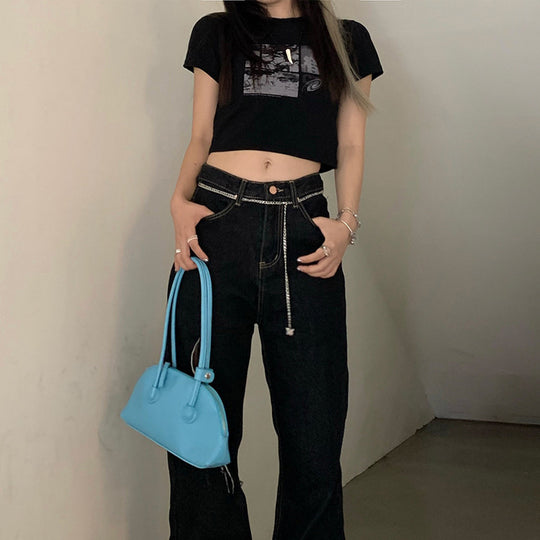 Damen Cropped T-Shirt mit kreativem Grafikdesign EB