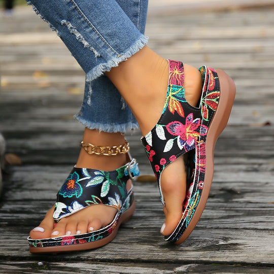 Damen Riemchen-Sandalen mit floralen Mustern und anatomischer Fußbettgestaltung EB