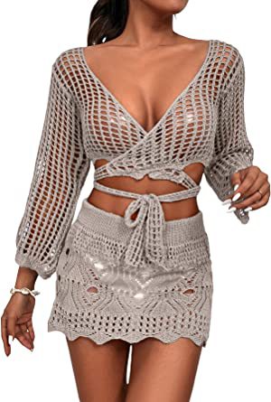 Damen gehäkeltes Crop-Top und Minirock-Set mit eleganten Binde-Details EB