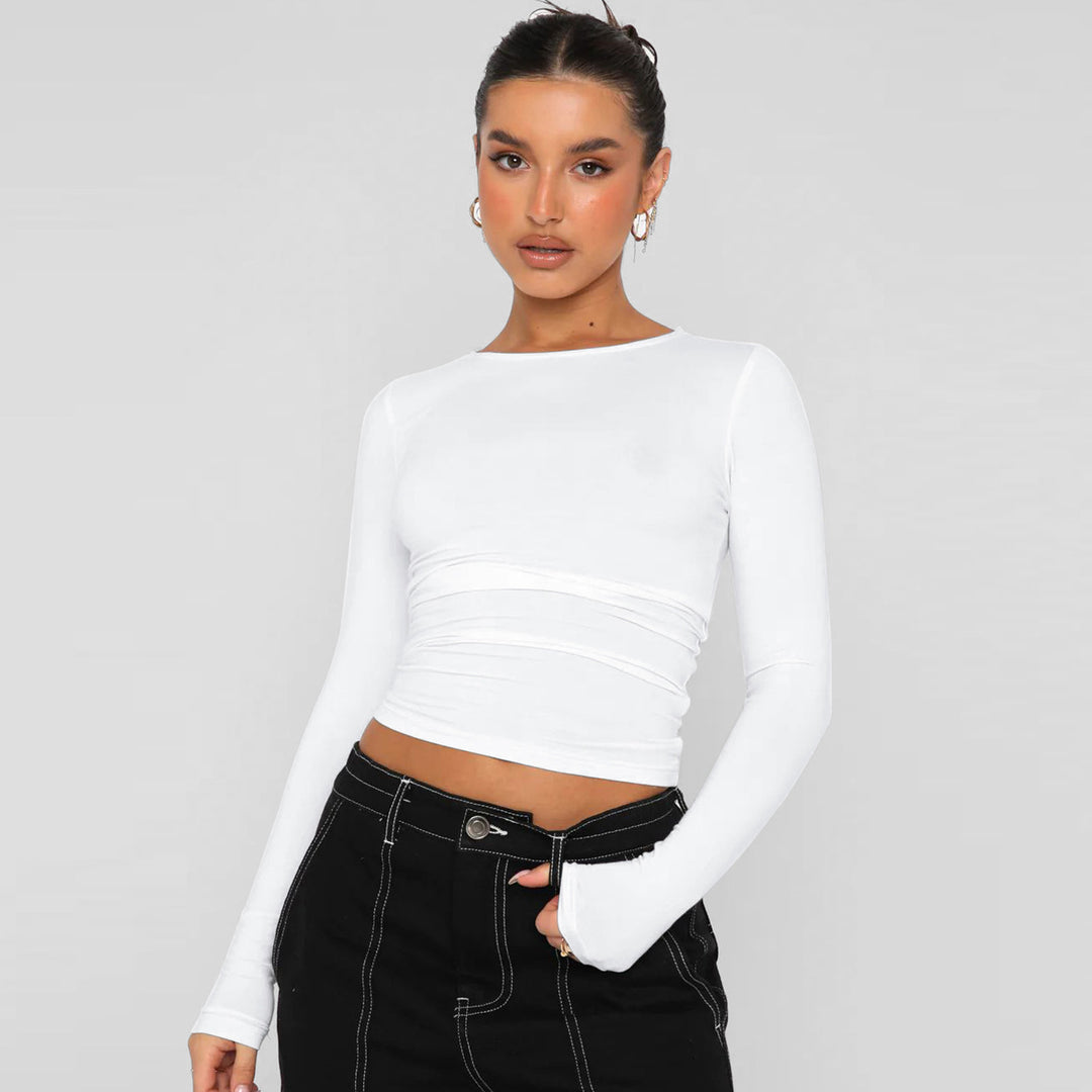 Damen modisches Langarm-Crop-Top mit Raffung EB