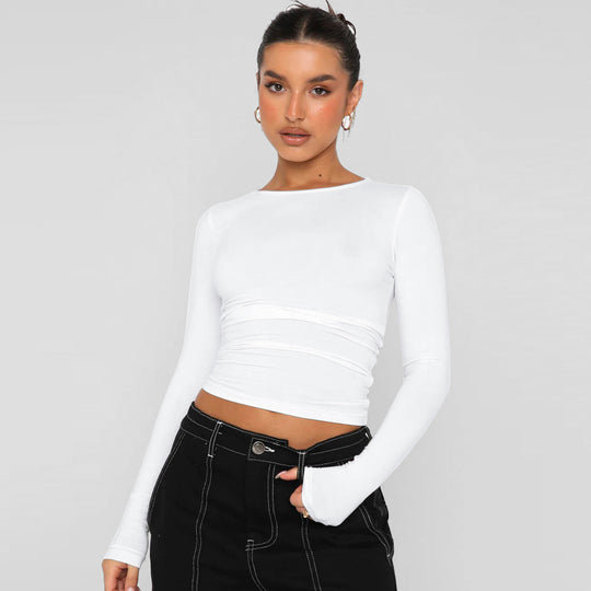 Damen modisches Langarm-Crop-Top mit Raffung EB