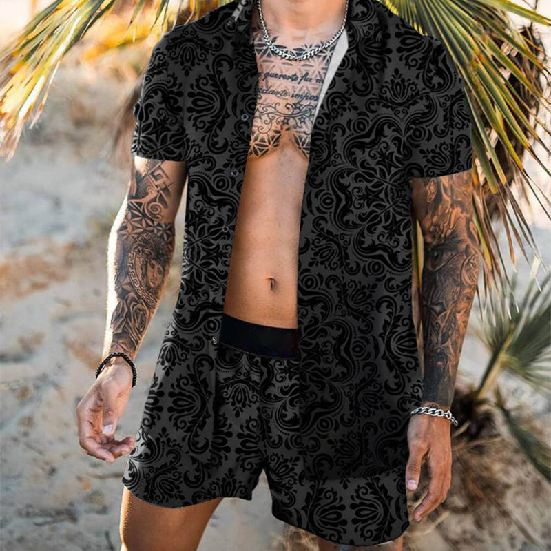 Herren nan barockgemustertes Kurzarm-Hemd mit passender locker geschnittener Shorts EB