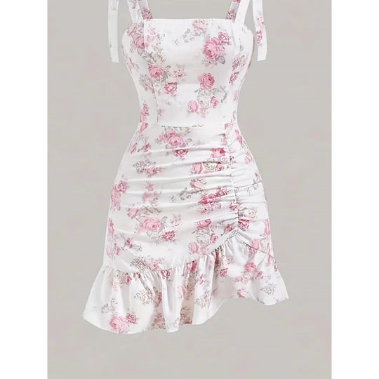 Damen Spaghettiträger Mini-Kleid mit floralem Design und Rüschensaum EB