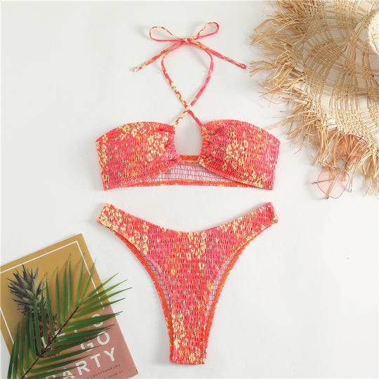 Damen Bandeau-Bikini mit verspieltem Wickeldetail und buntem Design EB