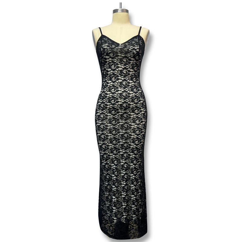 Damen Spitzen-Maxi-Kleid mit verführerischer Silhouette und Spaghettiträgern EB