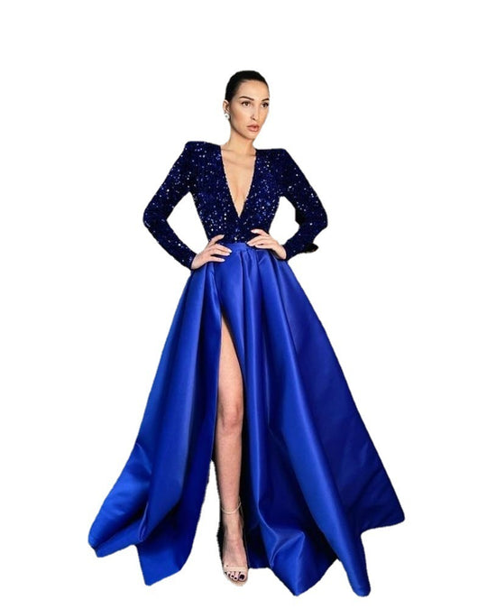 Damen Glamouröses Abendkleid mit tiefem V-Ausschnitt und hochgeschnittenem Rock EB