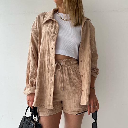 Damen nan lässiges oversized Hemd und Shorts Set mit Brusttasche Kordelbund und gerauter Baumwollstruktur EB