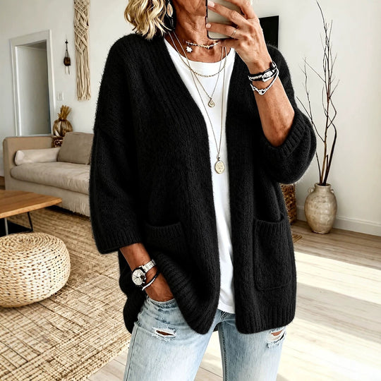 Damen Offener Longcardigan im Mohair-Look mit aufgesetzten Taschen und überschnittener Schulter EB