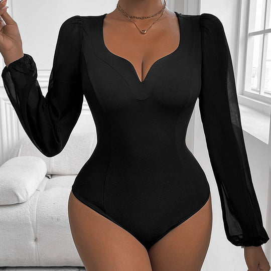 Damen Eleganter Body mit romantischen Puffärmeln und V-Ausschnitt EB