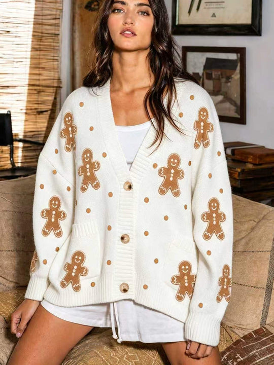 Damen nan oversized Strickcardigan mit Lebkuchenstickerei und tiefem V-Ausschnitt EB